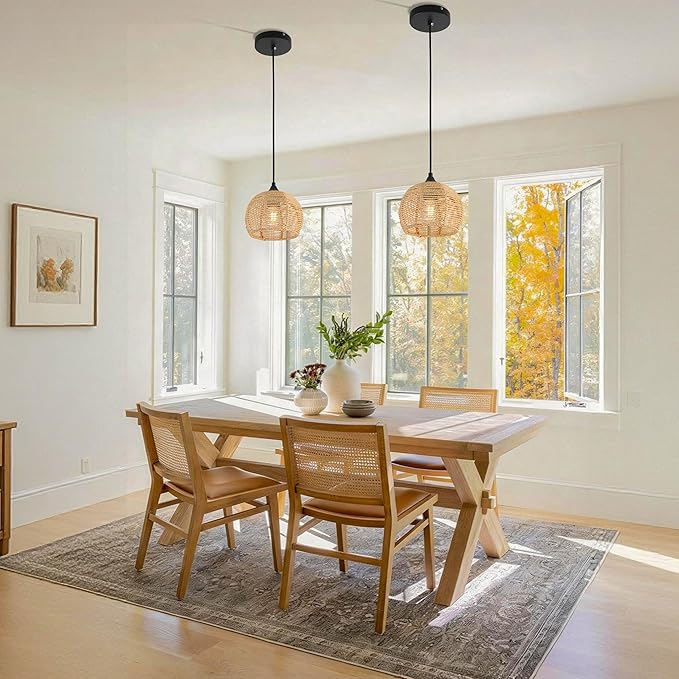 Wicker Pendant Lights Kitchen Island Natural Woven Pendant Light Boho Chandelier Fixture Dome Rustic Farmhouse Pendant Lights Rattan Light Fixture for Dining Room Kitchen Island