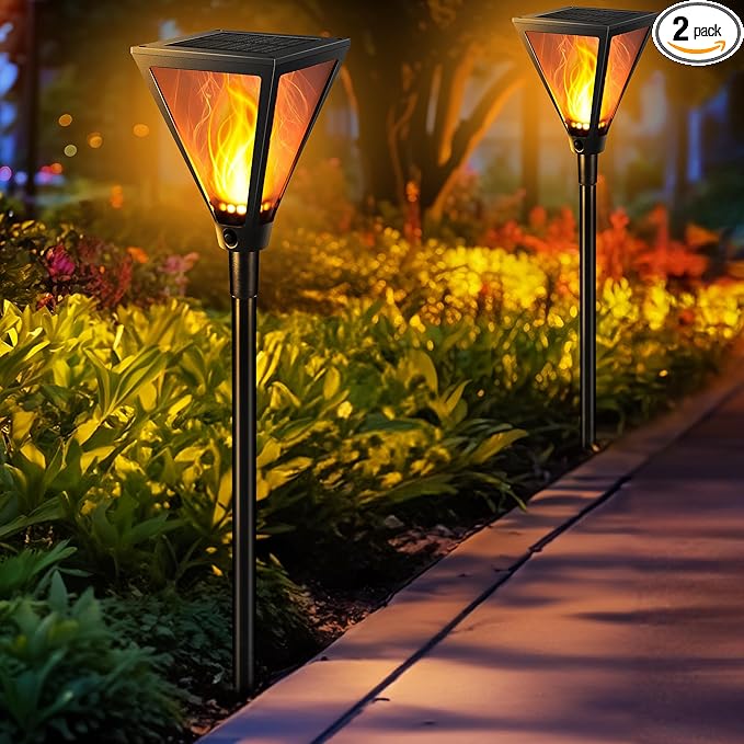 iBaycon 2 Pack 28" Solar Flame Torch Lights, Flickering Flame Garden Lights Outdoor Waterproof, Solar Pathway Light for Yard Lawn Path Landscape Decor