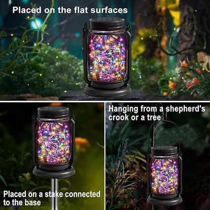 4 Pack Hanging Solar Lantern Lights, 30LED Vintage Glass Mason Jar Solar Fairy Lights Outdoor Decorative Waterproof Table Light with Stakes for Patio Yard Lawn Tree