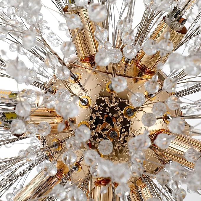 Firework Crystal Chandeliers, 12 Lights Modern Sputnik Chandelier, Gold Dandelion Pendant Light Fixture for Kitchen Island Dining Room Bedroom