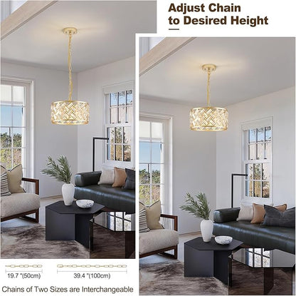 Gold Crystal Chandelier, 3-Light Morden Dining Room Light Fixture,12.4" Small Semi Flush Mount Chandeliers for Kitchen Foryer Entryway Hallway Living Room Bedroom (ETL Listed)