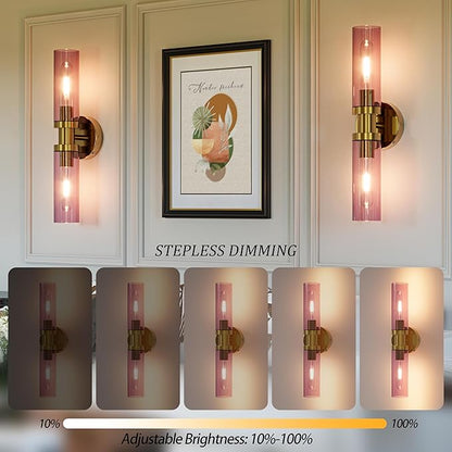 Rayogale Rechargeable Battery Wall Sconce Set of Two, 10000mAh Cordless, Dimmable, Touch Control for Living Room, Bedroom Gold with Wine Red Lampshade (Include 4 Special Bulbs)