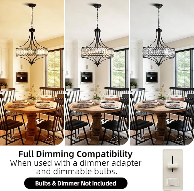 20" Black Crystal Chandeliers for Dining Room, 5-Light Modern Farmhouse Round Crystal Chandelier Light Fixture, Adjustable Height Hanging Pendant Lights Living Room Bedroom Kitchen Island Entryway