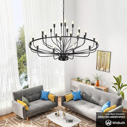 47.2" Large Black Chandelier 24 Light Rustic Industrial Candle Chandeliers Modern Farmhouse Vintage Wagon Wheel Chandelier for Dining Room, Kitchen Island, Hallway, Living Room, Foyer, E12