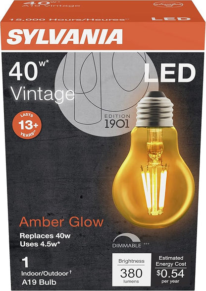 Sylvania A19 LED Vintage Light Bulb, 40W Equivalent Efficient 4.5W, 13 Year, 380 Lumens, Dimmable, Amber Glow - 2 Pack (75347)