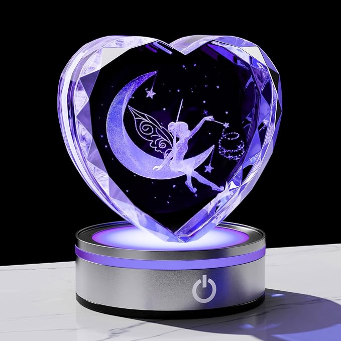 Qianwei Fairy Decor for Women 3D Crystal Heart - Laser Moon Gifts Glass Animals Fairy Lamp Figurines Statue Stuff for Room Decorations Night Light