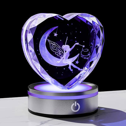 Qianwei Fairy Decor for Women 3D Crystal Heart - Laser Moon Gifts Glass Animals Fairy Lamp Figurines Statue Stuff for Room Decorations Night Light
