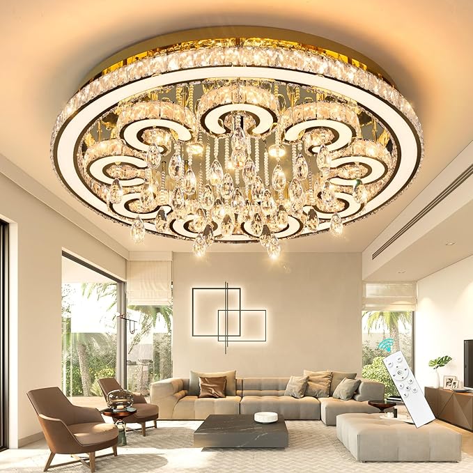 HAIXIANG Modern Glam Chandelier LED Crystal Light Interior Luxury Ceiling Chandeliers Remote Dimmable Lights Fixture 40 Inches Gold Large Size Light