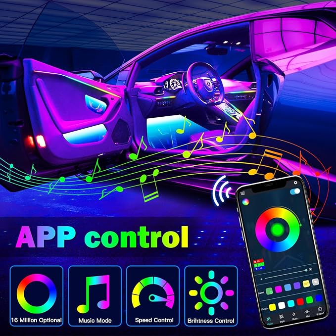 Dreamcolor 6 in 1 Car LED Strip Lights with APP Control and 213 Color Modes, Neon Ambient Lighting Kits