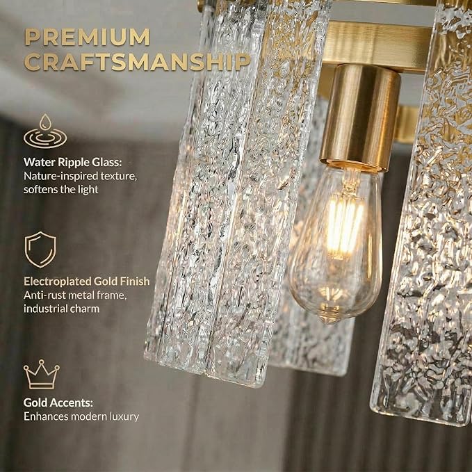 35.4" Gold Crystal Modern Chandelier for Dining Room, Chandeliers with Water Ripple Glass, Adjustable Chain Length,Luxury Rectangular Pendant Light Fixture for Kitchen Island Living Room