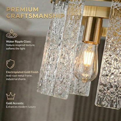 35.4" Gold Crystal Modern Chandelier for Dining Room, Chandeliers with Water Ripple Glass, Adjustable Chain Length,Luxury Rectangular Pendant Light Fixture for Kitchen Island Living Room
