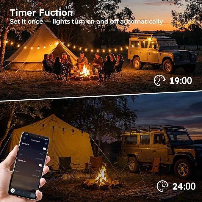 GvvooHome 50FT S11 LED Outdoor String Lights with App & Remote, Low-Voltage Patio Lights with Music Sync, 4 Lighting Modes, Dimmable, Waterproof LED Outdoor Lights for Porch, Deck, Garden, Backyard