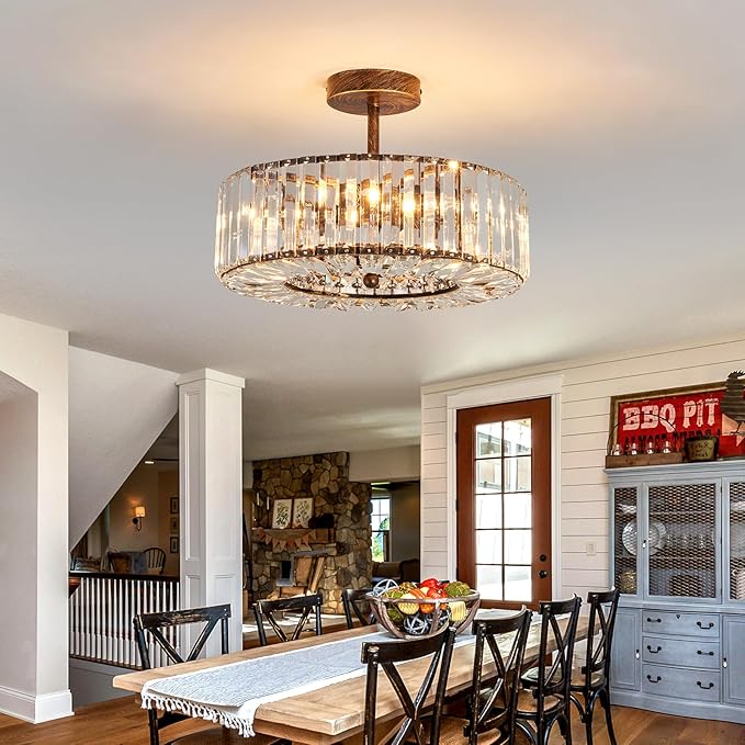 Piepooye 4 Lights Modern Crystal Chandelier Oil Rubbed Bronze Round Semi Flush Mount Ceiling Light Fixture Farmhouse Chandelier for Dinning Room Living Room Bedroom Hallway Entryway Kitchen