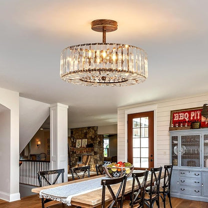Piepooye 4 Lights Modern Crystal Chandelier Oil Rubbed Bronze Round Semi Flush Mount Ceiling Light Fixture Farmhouse Chandelier for Dinning Room Living Room Bedroom Hallway Entryway Kitchen