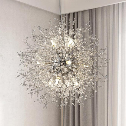 Modern Farmhouse Chandelier, Sputnik 12-Light Crystal Hanging Light, Round Firework Dandelion Pendant Lights for Living Room Bedroom Dining Room Kitchen Island Entryway (Chrome, D21.6inch)