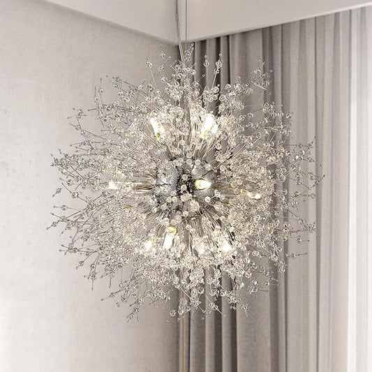 Modern Farmhouse Chandelier, Sputnik 12-Light Crystal Hanging Light, Round Firework Dandelion Pendant Lights for Living Room Bedroom Dining Room Kitchen Island Entryway (Chrome, D21.6inch)
