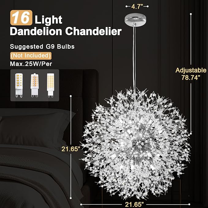 Modern Firework Chrome Crystal Chandeliers, Sputnik Dandelion Chandelier Light Fixture Pendant Lighting for Living Room, Dining Room, Restaurant, Bedroom, Kitchen- 16 Lights
