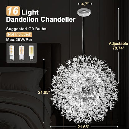 Modern Firework Chrome Crystal Chandeliers, Sputnik Dandelion Chandelier Light Fixture Pendant Lighting for Living Room, Dining Room, Restaurant, Bedroom, Kitchen- 16 Lights