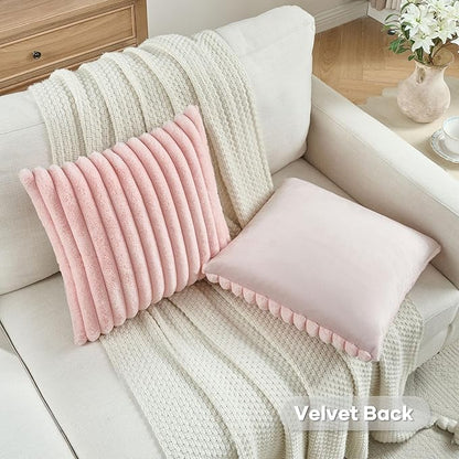 FUTEI Pack of 2 Solid Faux Fur Plush Throw Pillow Covers 18x18 Inch Soft Fluffy Striped Decorative Cushion Cases Modern Farmhouse Accent for Couch Bed Living Room, Pink