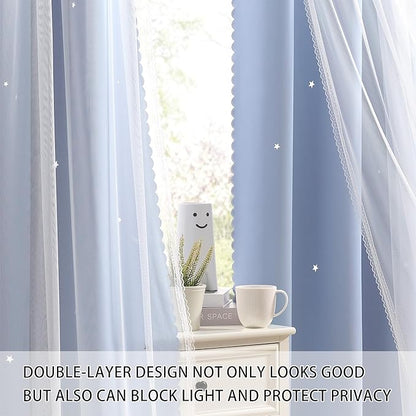 XiDi Light Blue Blackout Curtains for Girls Bedroom Living Room 84 Inches Long 2 Panels Star Curtains Boys Kids Room Darkening Thermal Insulated Drapes Grommet Noise Reduction Window Treatments 34x84