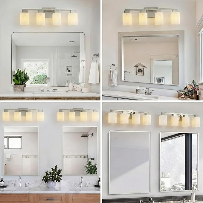 4-Light Square Bathroom Light Fixture, Brushed Nickel Modern Vanity Light with White Marble Glass Shade, for Bathroom Mirror, Living Room, Bedroom, Hallway, E26 Base