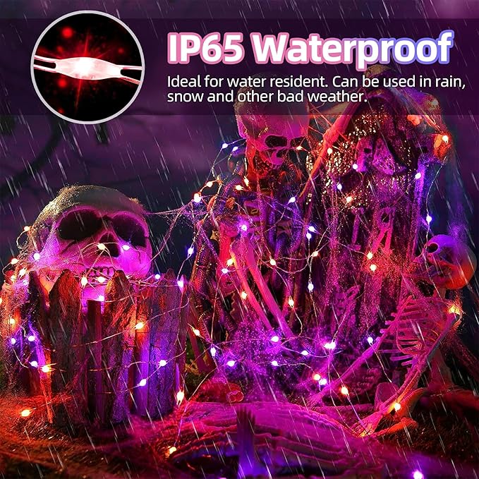 Halloween Solar Fairy Lights Outdoor Waterproof Copper Wire Orange Purple String Lights 2 Pack 33FT 100LED for Christmas Party Decoration Easter Wedding Terrace Yard Tree Garden Patio