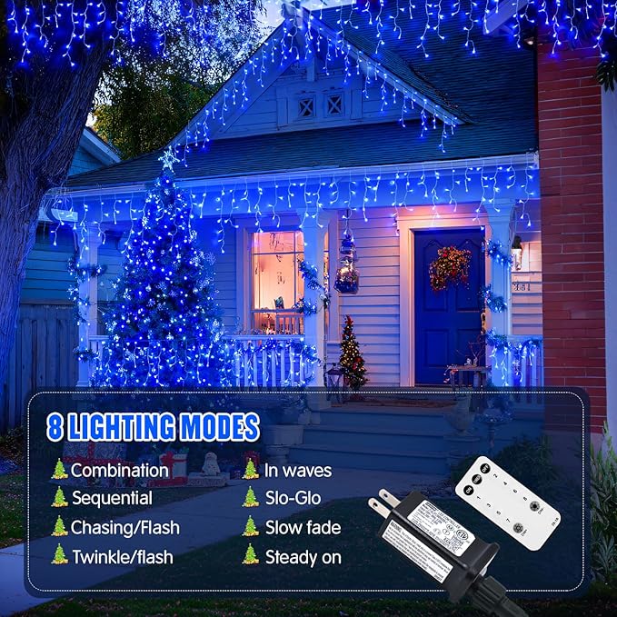 JMEXSUSS 400 LED Blue Icicle Lights for Outdise, 38.8 FT Christmas Icicle Lights Indoor Outdoor with 80 Drops, Blue Christmas Light with Remote Plug in for House Fireplace Christmas Decorations