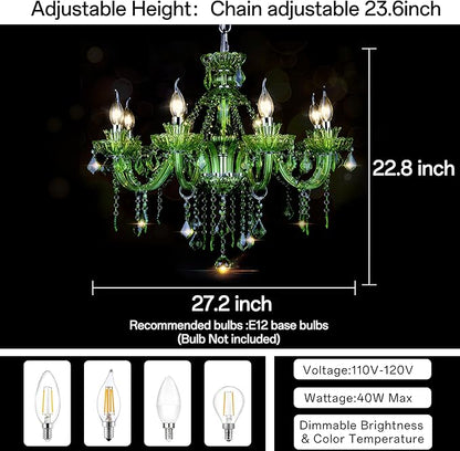 Bagood 8 Lights Green K9 Crystal Candle Chandeliers Lighting Modern Pendant Lights Candle Chandelier Lighting for Dining Living Room Bedroom Entry Elegant Decoration E12 Base, H22.8 x W27.2 Inch