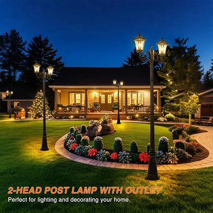 Dusk to Dawn Outdoor Lamp Post Lights with Outlet, Hardwired 2-Head Street Light Fixtures with Patterned Glass, Waterproof Outside Pole Lamps for Backyard, Garden, Driveway