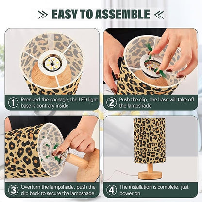Table Lamp Leopard Print Wild Animal Skin Scale Design Pattern Nightstand Lamp with Wood Base Fabric Lamp Shade Bedside Desk Lamp for Living Room Bedroom Kids Room Office