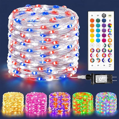 LitHome Led Christmas Fairy Lights Plug in, 200LED 66FT Color Changing Fairy Lights with Remote, 9 Modes Led Christmas Lights Indoor, Red White and Blue Fairy String Lights for Party 4th of July Decor