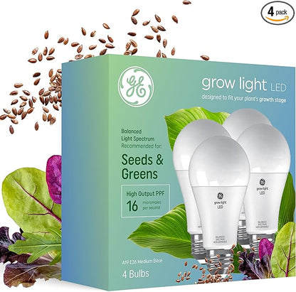 GE Grow Lights for Indoor Plants, A19 LED Light Bulbs for Seeds and Greens with Balanced Light Spectrum, White Indoor Plant Light, 25,000 Hours Lifespan, 16 PPF, 4 Pack (Packaging May Vary)