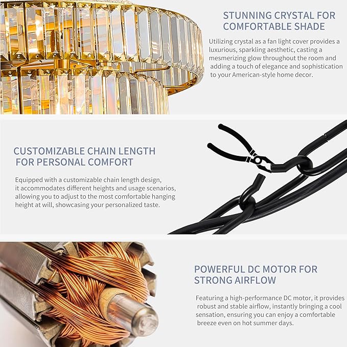 24" Modern Crystal Caged Fandelier, Smart Chandelier Fan with Remote and APP Control, Double Layer Ceiling Fan with Light for Dining Living Room Bedroom, Italian Design-Gold