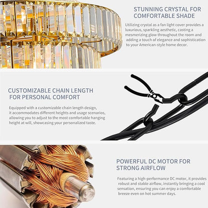 24" Modern Crystal Caged Fandelier, Smart Chandelier Fan with Remote and APP Control, Double Layer Ceiling Fan with Light for Dining Living Room Bedroom, Italian Design-Gold