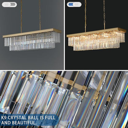 Weesalife Crystal Chandeliers for Dining Room Light Fixtures Over Table，15-Lights Gold Modern Rectangle Chandeliers for Kitchen Island Bar