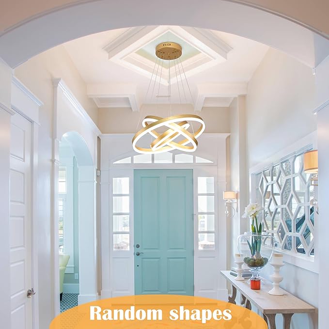 Modern Gold Led Chandelier 3 Rings Gold Dimmable LED Chandeliers Light Fixture for Kitchen Island Height Adjustable Chandelier Led Pendant Light for Dining Room Bedroom Living Room