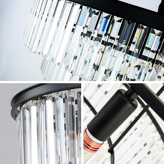Black Modern Crystal Chandelier, 3-Tier Round Flush Mount Ceiling Light Fixtures Height Adjustable Pendant Lighting for Dining Room Living Room Bedroom Kitchen Hotel Foyer
