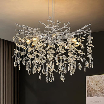 Benkut Modern Tree Branch Crystal Chandelier 23.6" Silver Crystal Dining Room Chandeliers 8-Light Luxury Pendant Lighting for Kitchen Bedroom Living Room