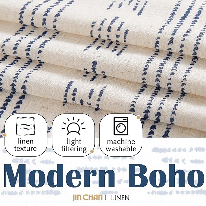 jinchan Boho Kitchen Linen Tier Curtains 30 Inch Bohemian Cafe Curtains Farmhouse Natural Striped Half Window Treatment for Bathroom RV Vintage Small Window Curtains 2 Panels Blue on Beige