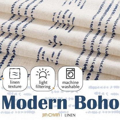 jinchan Boho Kitchen Linen Tier Curtains 30 Inch Bohemian Cafe Curtains Farmhouse Natural Striped Half Window Treatment for Bathroom RV Vintage Small Window Curtains 2 Panels Blue on Beige