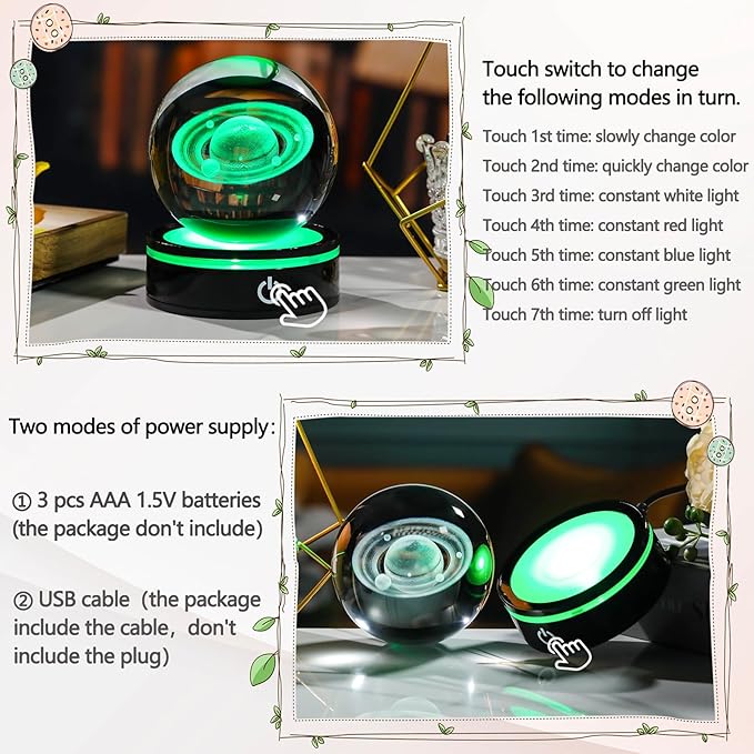 YWHL 3D Saturn Crystal Ball with LED Light Base, 3D Laser Engraved Glass Sphere Galaxy Crystal Ball for Home Decorations, Planet Saturn Lamp Gifts for Mother's Day Birthday Christmas (80mm)