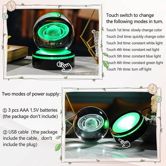 YWHL 3D Saturn Crystal Ball with LED Light Base, 3D Laser Engraved Glass Sphere Galaxy Crystal Ball for Home Decorations, Planet Saturn Lamp Gifts for Mother's Day Birthday Christmas (80mm)