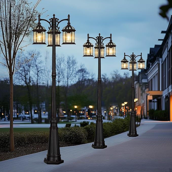Dusk to Dawn Outdoor Lamp Post Light with 3 LED Bulbs, Triple Head Aluminum Street Light Post for Outside with Sensor, Waterproof Birdcage Pole Lighting Fixture for Backyard Garden Patio Bronze