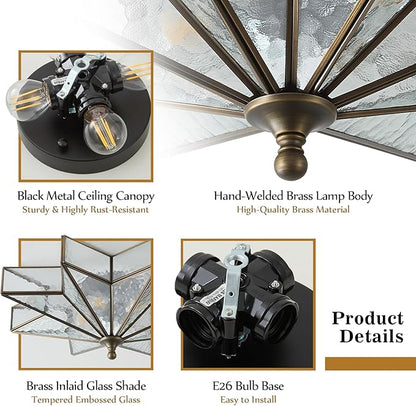 Star Brass Glass Ceiling Light - 19.5 in Black Bronze Hammered Large Flush Mount Fixture - Unique Art Deco Mid Century Vintage Moravian Lighting Lights for Bedroom Dining Foyer Living Room