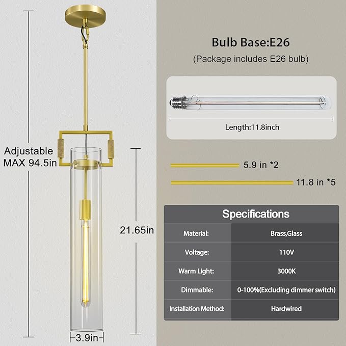 Brass Pendant Lights,Modern Glass Pendant Lights Kitchen Island,21.6'' Farmhouse Gold Kitchen Pendant Lighting Over Island for Dining Table,Bathroom,Bedroom,Included E26 Bulb