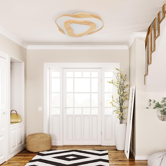 Littleglovo 15.7" Modern Flush Mount LED Chandelier for Dining Room, Natural Wood Petal Energy Chandeliers Ceiling Light for Entryway Bedroom Foyer Kitchen Living Room Bathroom