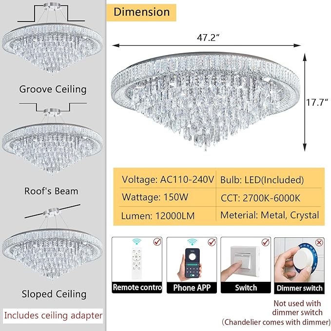47" Modern Chandeliers LED Dimmable Crystal Flush Mount Ceiling Chandeliers for Living Room High Ceiling Entrance Foyer Lobby Bedroom Silver