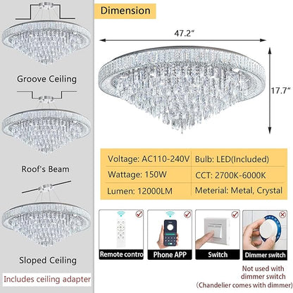 47" Modern Chandeliers LED Dimmable Crystal Flush Mount Ceiling Chandeliers for Living Room High Ceiling Entrance Foyer Lobby Bedroom Silver