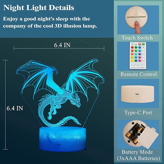 Dragon Night Light, Dragon Gifts, 3D Illusion Lamp with 16 Colors Changing, Timer, 4 Flash Modes and Dimmable, Kids Boys Girls Room Decoration, Holiday Xmas Gifts