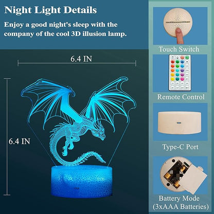 Dragon Night Light, Dragon Gifts, 3D Illusion Lamp with 16 Colors Changing, Timer, 4 Flash Modes and Dimmable, Kids Boys Girls Room Decoration, Holiday Xmas Gifts